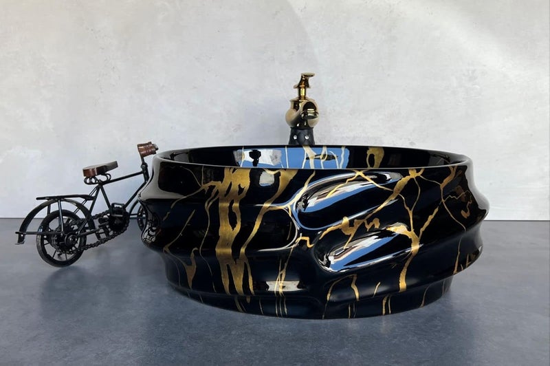 NEROBI Designer Glossy Finish Ceramic Art Wash Basin Vessel Sink Table Top Collapsible Wash Basin BlackGolden Art Wash Basin 16 x 13 x 6 Inch