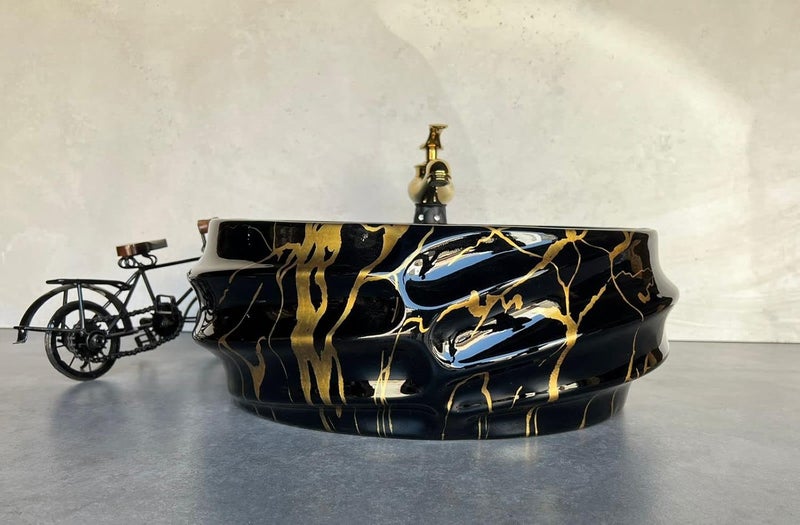 NEROBI Designer Glossy Finish Ceramic Art Wash Basin Vessel Sink Table Top Collapsible Wash Basin BlackGolden Art Wash Basin 16 x 13 x 6 Inch
