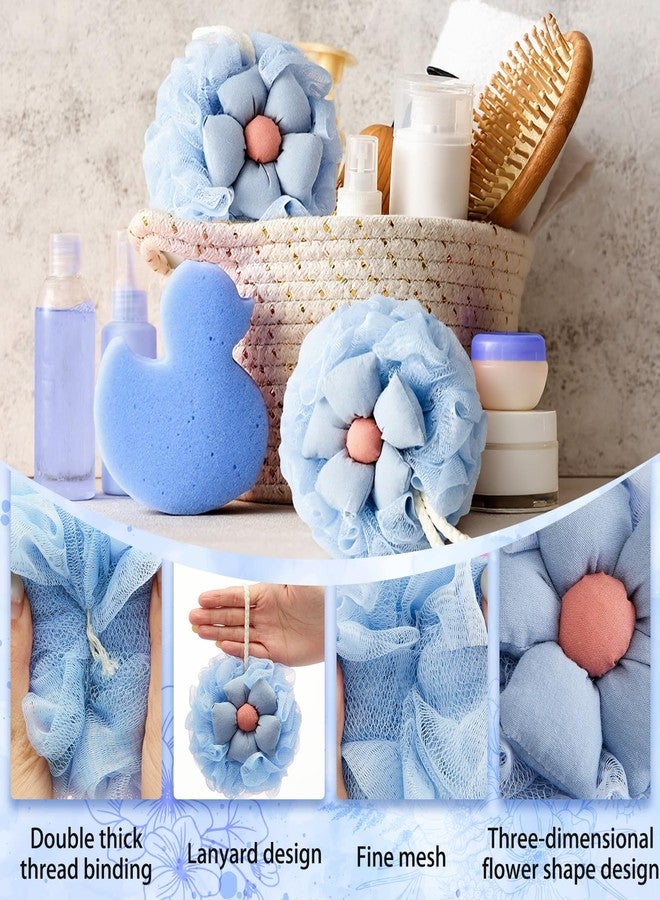 Afarnook 2 Pack Cute Flower Loofah for Women, Bath Loofah Sponge, Mesh Pouf Flower Body Scrubber, Exfoliating Shower Sponge, Bath Scrubber for Sensitive Skin in Beauty Bathing Accessories(Blue - Image 3
