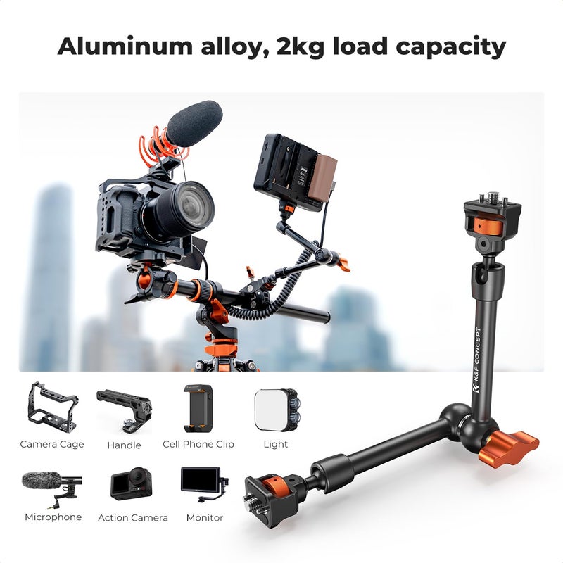 K&F CONCEPT 11" Magic Arm Clamp with Super Clamp ARRI 1/4" & 3/8" Thread Screw, 360Â° Ball Heads Arm with Clamp Mount for Monitor, LED Light, Webcam, Action Camera - Image 2