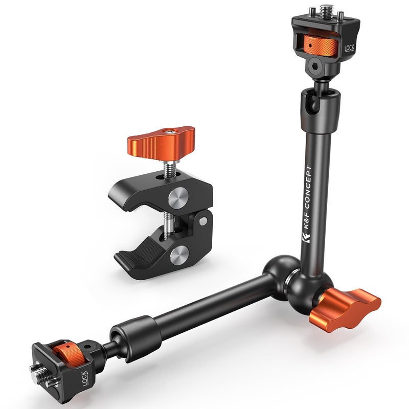 K&F CONCEPT 11" Magic Arm Clamp with Super Clamp ARRI 1/4" & 3/8" Thread Screw, 360Â° Ball Heads Arm with Clamp Mount for Monitor, LED Light, Webcam, Action Camera - Image 1