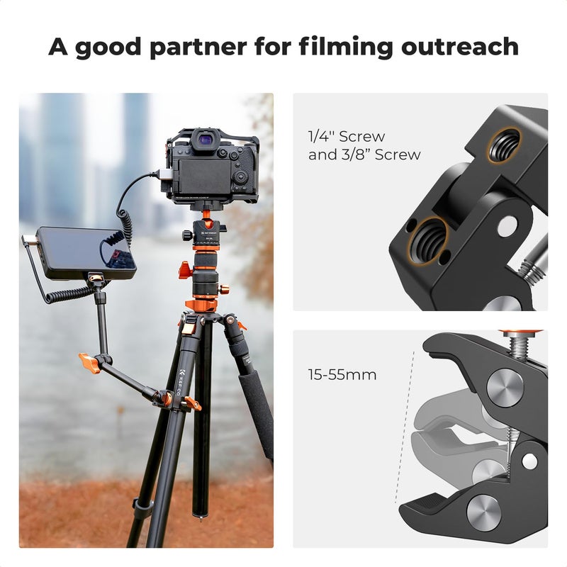 K&F CONCEPT 11" Magic Arm Clamp with Super Clamp ARRI 1/4" & 3/8" Thread Screw, 360Â° Ball Heads Arm with Clamp Mount for Monitor, LED Light, Webcam, Action Camera - Image 5