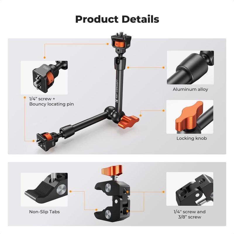 K&F CONCEPT 11" Magic Arm Clamp with Super Clamp ARRI 1/4" & 3/8" Thread Screw, 360Â° Ball Heads Arm with Clamp Mount for Monitor, LED Light, Webcam, Action Camera - Image 4