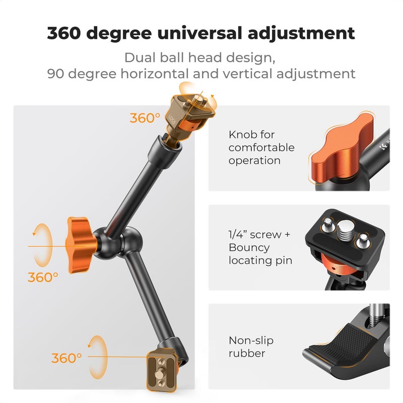 K&F CONCEPT 11" Magic Arm Clamp with Super Clamp ARRI 1/4" & 3/8" Thread Screw, 360Â° Ball Heads Arm with Clamp Mount for Monitor, LED Light, Webcam, Action Camera - Image 3