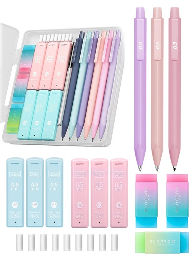 MXN 3 Pcs Cute Mechanical Pencils with case, Mechanical Pencils 0.5mm with 4 BoxesHB Leads, 3Pcs Erasers and 9Pcs Eraser Refills, Drafting Pencil for Drawing, Sketching,Daily Writing School Supplies - Image 1