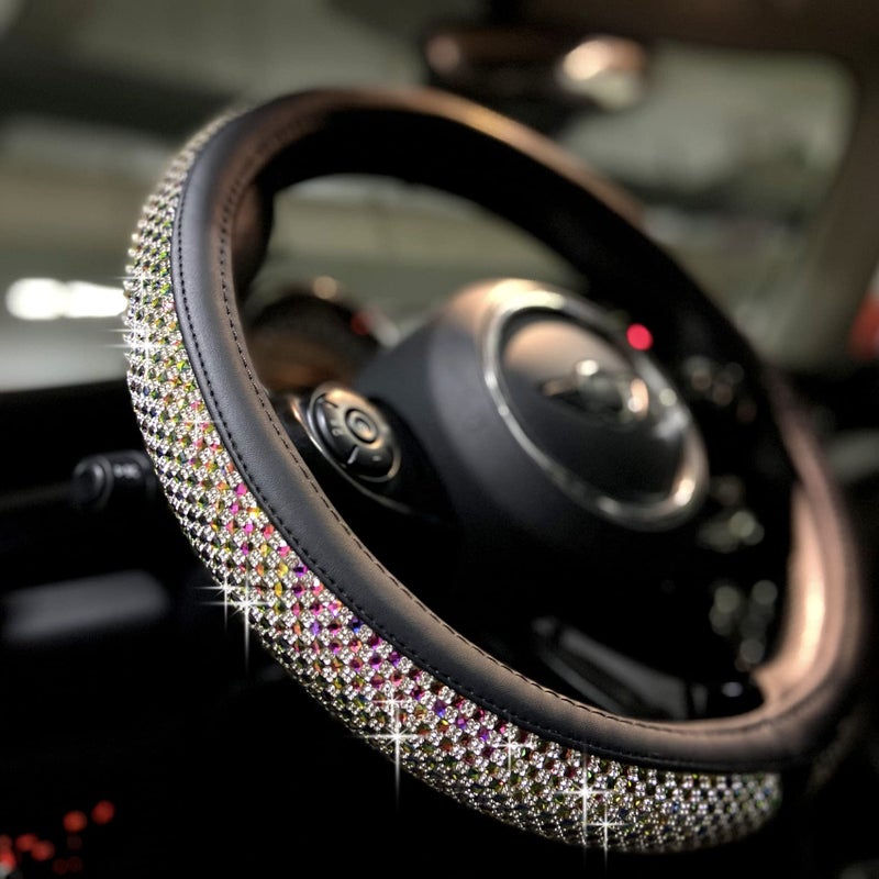 PINCTROT Bling Bling Comfy Steering Wheel Cover with Jumbo Crystal Rhinestones AntiSlip Diamond Leather Universal 15 Inch Colorful