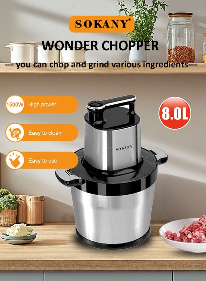 sokany 3-Speeds 8L Electric Meat Grinder,1500W Electric Chopper,Stainless Steel Multifunctional Vegetable Slicer Processor Chopper for Family & Baby Use,SK-7088,Silver/Black  - Image 3