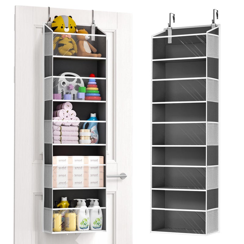 ULG 1Pack Over Door Organizer with 5 Large Pockets 10 Mesh Side Pockets 44 lbs Weight Capacity Hanging Storage Organizer with Clear Window for Bedroom Bathroom RV Clear Dark Grey - Image 2