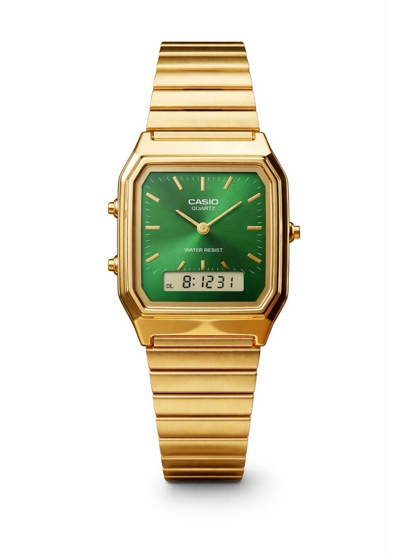 Casio Quartz Analog-Digital Gold Watch with Green Dial