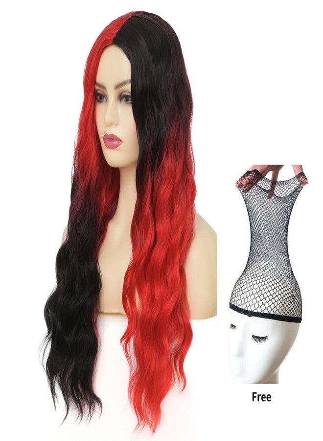 Tseses Red and Black Long Curly Wig for Women 27 Inch Natural Wavy Wig Synthetic Middle Part Halloween Costume Hair Wig - Image 4