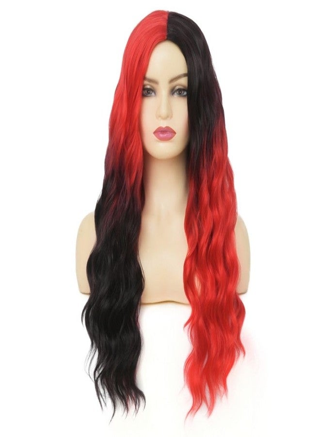 Tseses Red and Black Long Curly Wig for Women 27 Inch Natural Wavy Wig Synthetic Middle Part Halloween Costume Hair Wig - Image 2