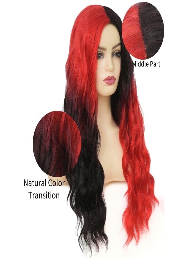 Tseses Red and Black Long Curly Wig for Women 27 Inch Natural Wavy Wig Synthetic Middle Part Halloween Costume Hair Wig - Image 3