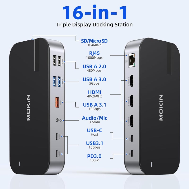 MOKiN Laptop Docking Station,16 in 1 Docking Stations USB C Dock Triple Monitor,USB C Docking Station with 3 HDMI,PD 100W, USB 3.1/3.0/2.0,RJ 45 Ethernet,SD/TF,Audio for Dell/HP/Lenovo,Matte Black - Image 2
