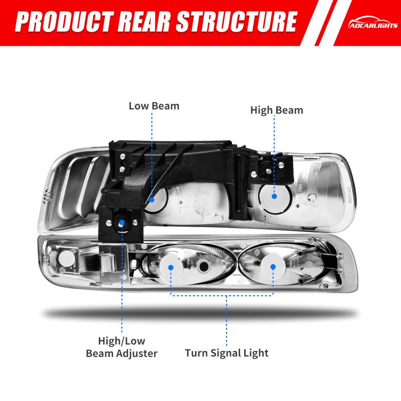 ADCARLIGHTS Headlight Assembly for 1999 2000 2001 2002 Chevy Silverado 1500 2500/1500HD 2500HD 3500/2000-2006 Tahoe/Suburban Chrome Housing Amber Reflector Pairï¼ˆW/O Bulbsï¼‰ - Image 3