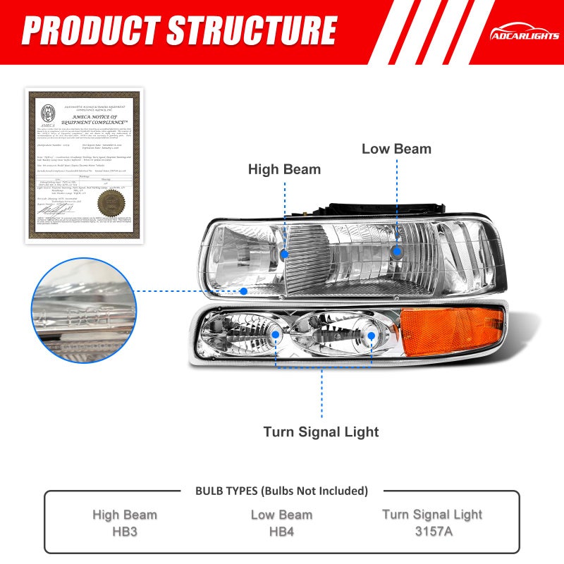 ADCARLIGHTS Headlight Assembly for 1999 2000 2001 2002 Chevy Silverado 1500 2500/1500HD 2500HD 3500/2000-2006 Tahoe/Suburban Chrome Housing Amber Reflector Pairï¼ˆW/O Bulbsï¼‰ - Image 2