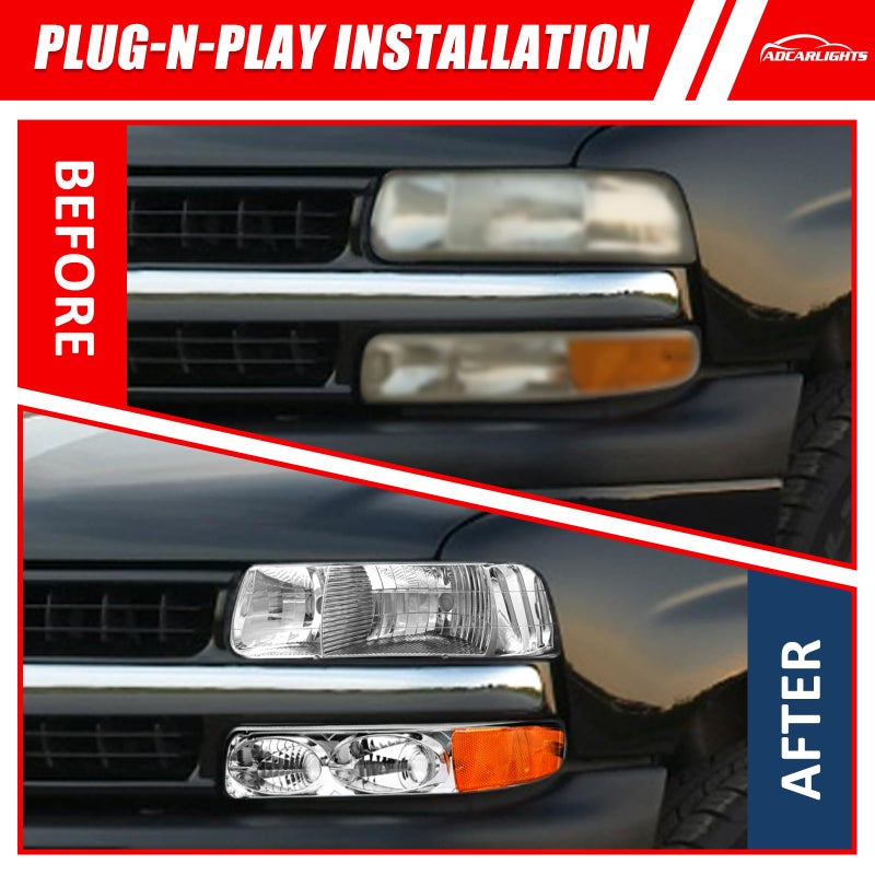 ADCARLIGHTS Headlight Assembly for 1999 2000 2001 2002 Chevy Silverado 1500 2500/1500HD 2500HD 3500/2000-2006 Tahoe/Suburban Chrome Housing Amber Reflector Pairï¼ˆW/O Bulbsï¼‰ - Image 4