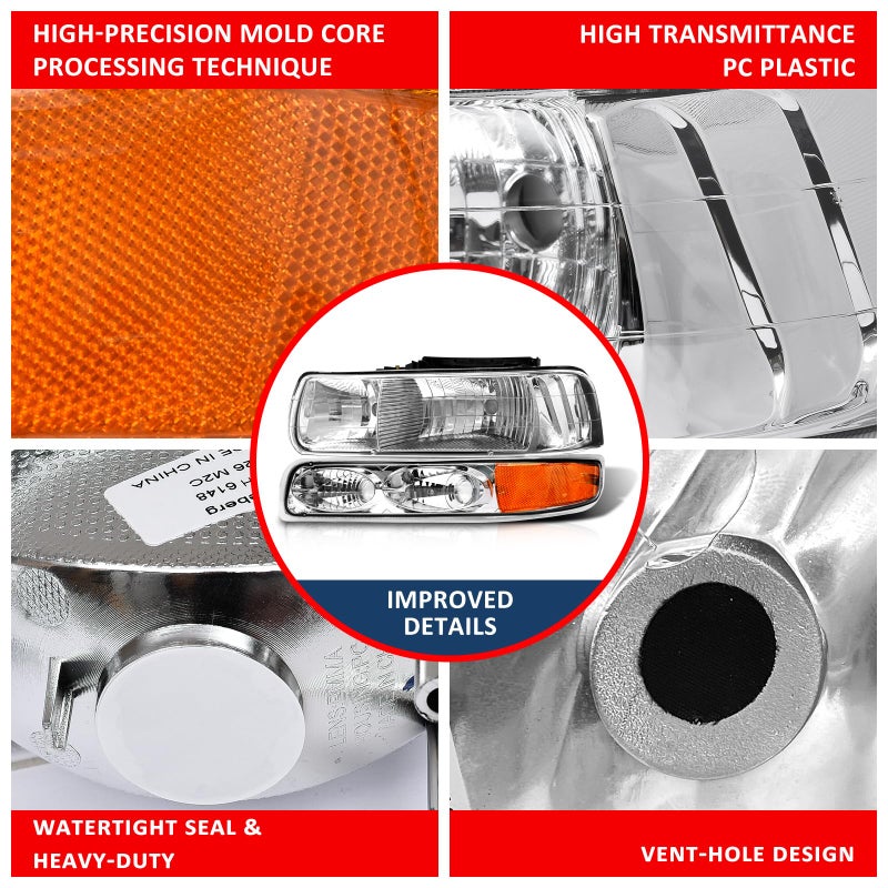 ADCARLIGHTS Headlight Assembly for 1999 2000 2001 2002 Chevy Silverado 1500 2500/1500HD 2500HD 3500/2000-2006 Tahoe/Suburban Chrome Housing Amber Reflector Pairï¼ˆW/O Bulbsï¼‰ - Image 5