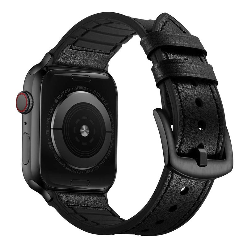 OUHENG أشرطة جلدية OUHENG متوافقة مع ساعة آبل 42 مم 41 مم 40 مم 38 مم، حزام هجين من الجلد الطبيعي والمطاط لسلسلة iWatch 11 10 9 8 7 6 5 4 3 2 1 SE3 SE2 SE، أسود/أسود - Image 1