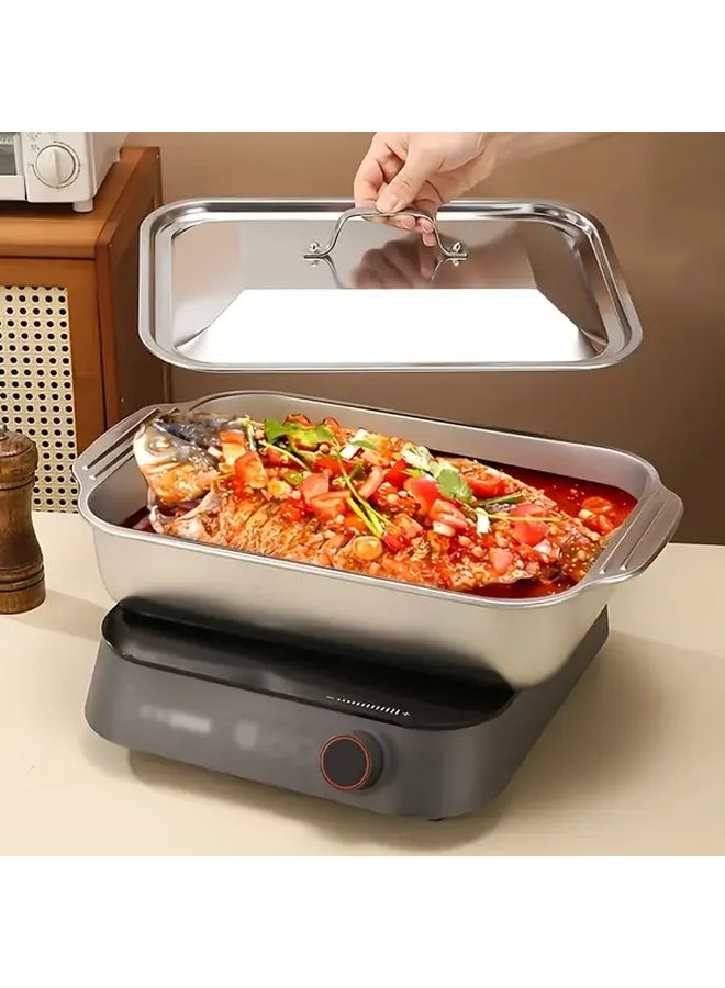 Stainless Steel Baking Tray With Lid Rectangular Double Handle For BBQ - Image 2