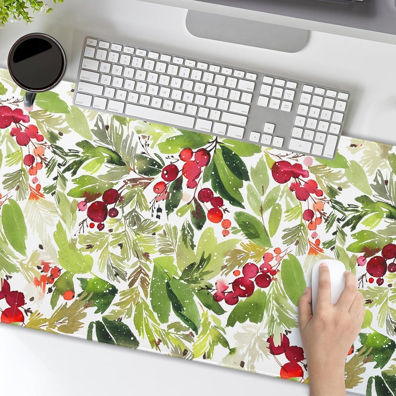aportt Watercolor Holly Christmas Mouse Pad Green Leaves Red Berry Xmas Extended Large Mat Mousepad Desk Pad Rubber Base Stitched Edge Winter Holiday Long Keyboard Pad for Computer,35.4x15.7 inch - Image 5