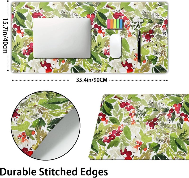 aportt Watercolor Holly Christmas Mouse Pad Green Leaves Red Berry Xmas Extended Large Mat Mousepad Desk Pad Rubber Base Stitched Edge Winter Holiday Long Keyboard Pad for Computer,35.4x15.7 inch - Image 2