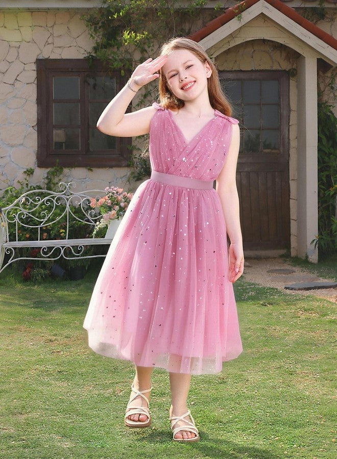 ODOLDI Kids Girls Wedding Flower Girl Dress Rainbow Sparkly Tulle Formal Prom Ball Dress, Red Bean Pink, 5-6 Years - Image 2