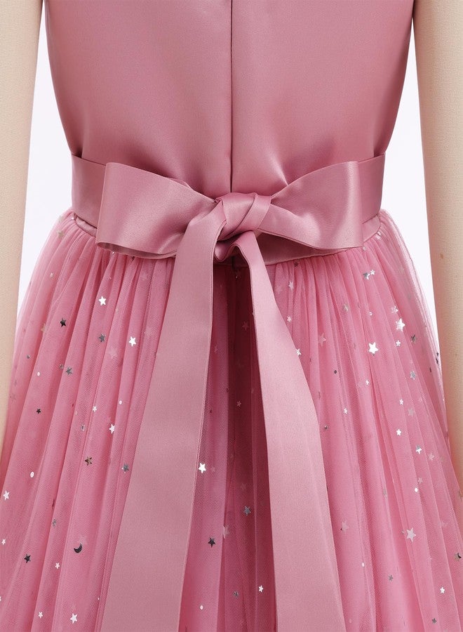 ODOLDI Kids Girls Wedding Flower Girl Dress Rainbow Sparkly Tulle Formal Prom Ball Dress, Red Bean Pink, 5-6 Years - Image 4