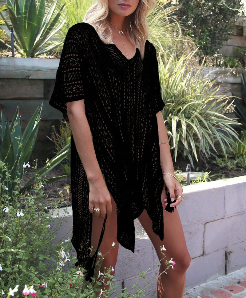 Jeasona Women’s Bathing Suit Cover Up Beach Bikini Swimsuit Swimwear Crochet Dress (Black, L) - Image 3
