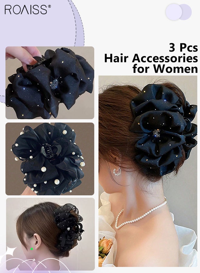 رويس 3 قطع من اللؤلؤ اللامع، مشبك شعر على شكل قلب، مشبك شعر سحابي مزدوج الوجهين كبير الحجم للنساء، فيونكات متعددة الطبقات، إكسسوارات شعر أنيقة بتصميم ريترو، مناسب للارتداء اليومي والتصوير الفوتوغرافي - Image 1