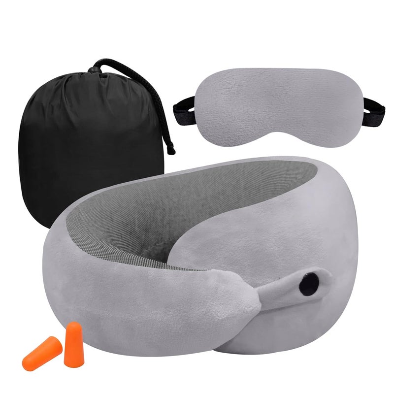 GREELI Premium Memory Foam Neck Pillow for Travel Compact Portable Airplane Travel Pillow Combo with Soft Eye Mask and Carry Bag Grey - Image 1