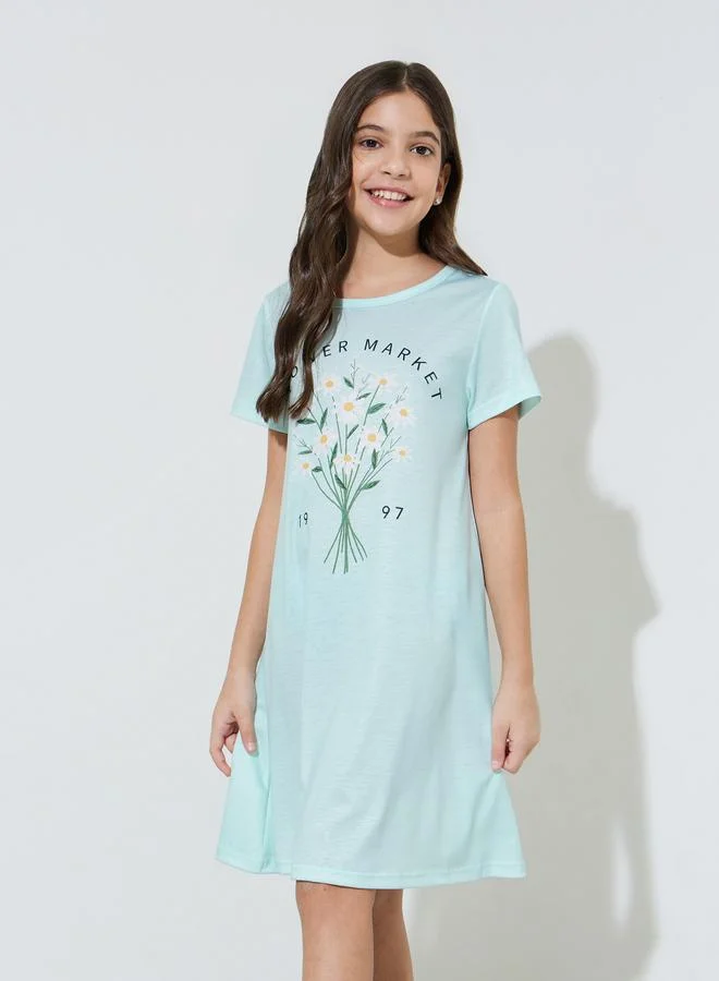 Styli Teen Girls Mint Green Graphic Print Short Sleeves Sleep Dress