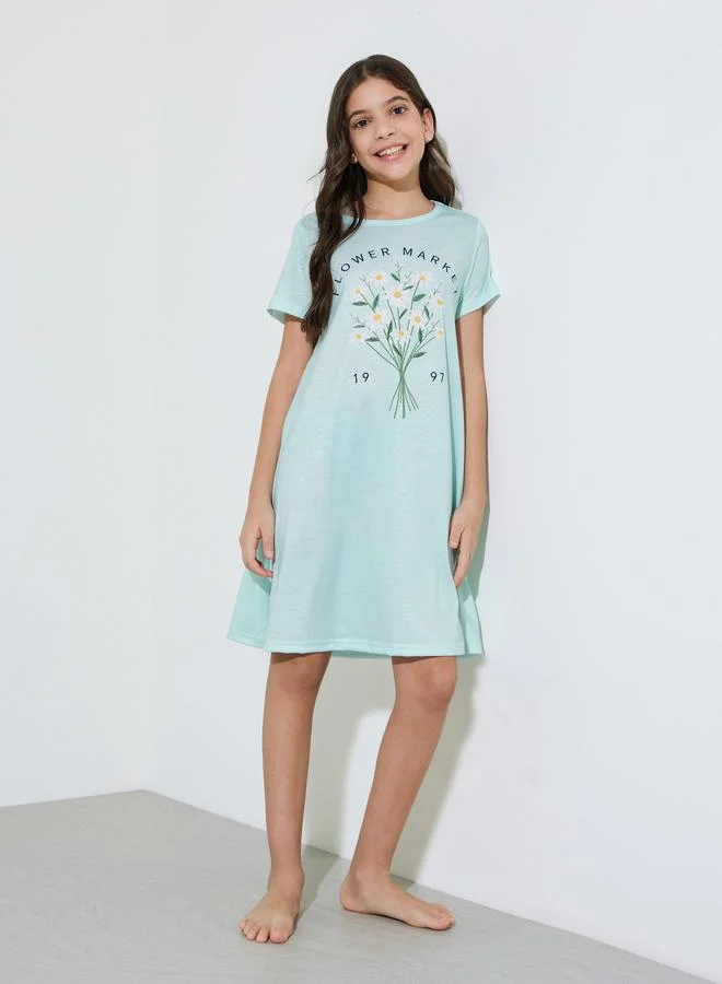 Styli Teen Girls Mint Green Graphic Print Short Sleeves Sleep Dress
