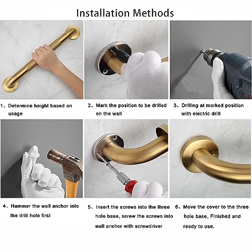 Rackickyer Shower Grab Bar, 2 Pack 12 Inch Gold Bathroom Grab Bar, 1.25" Diameter 304 Stainless Steel Anti-Slip Grab Bars for Bathtubs and Showers, Handicap Shower Grab Bar for Seniors Elderly - Image 5