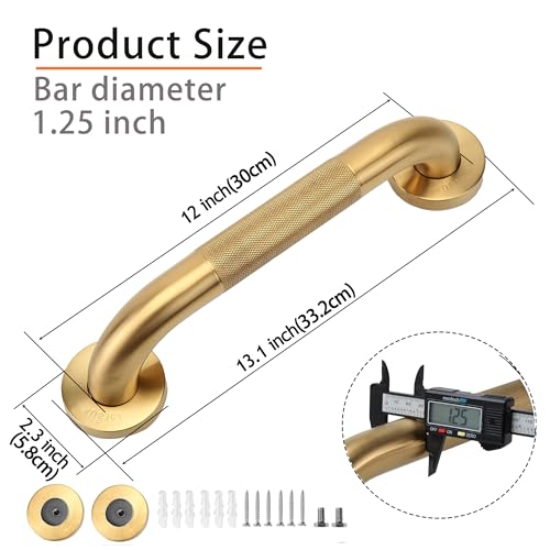 Rackickyer Shower Grab Bar, 2 Pack 12 Inch Gold Bathroom Grab Bar, 1.25" Diameter 304 Stainless Steel Anti-Slip Grab Bars for Bathtubs and Showers, Handicap Shower Grab Bar for Seniors Elderly - Image 2