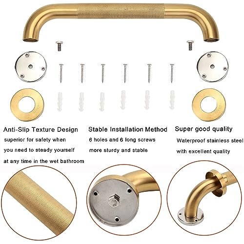 Rackickyer Shower Grab Bar, 2 Pack 12 Inch Gold Bathroom Grab Bar, 1.25" Diameter 304 Stainless Steel Anti-Slip Grab Bars for Bathtubs and Showers, Handicap Shower Grab Bar for Seniors Elderly - Image 3