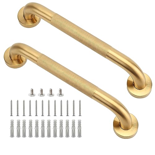 Rackickyer Shower Grab Bar, 2 Pack 12 Inch Gold Bathroom Grab Bar, 1.25" Diameter 304 Stainless Steel Anti-Slip Grab Bars for Bathtubs and Showers, Handicap Shower Grab Bar for Seniors Elderly - Image 1