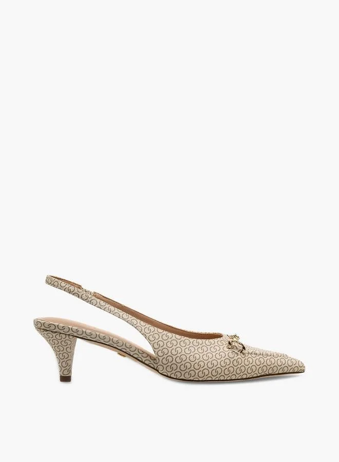 Women Monogram Print Kitten Heel Slingback Shoes