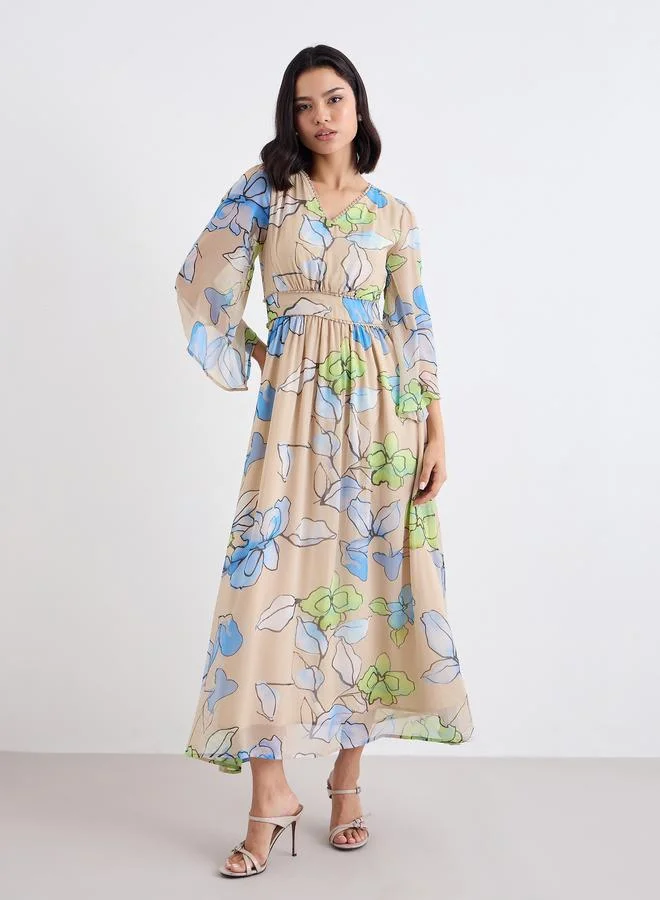 ستايلي Styli Multi Floral Maxi Dress with Volume Sleeves