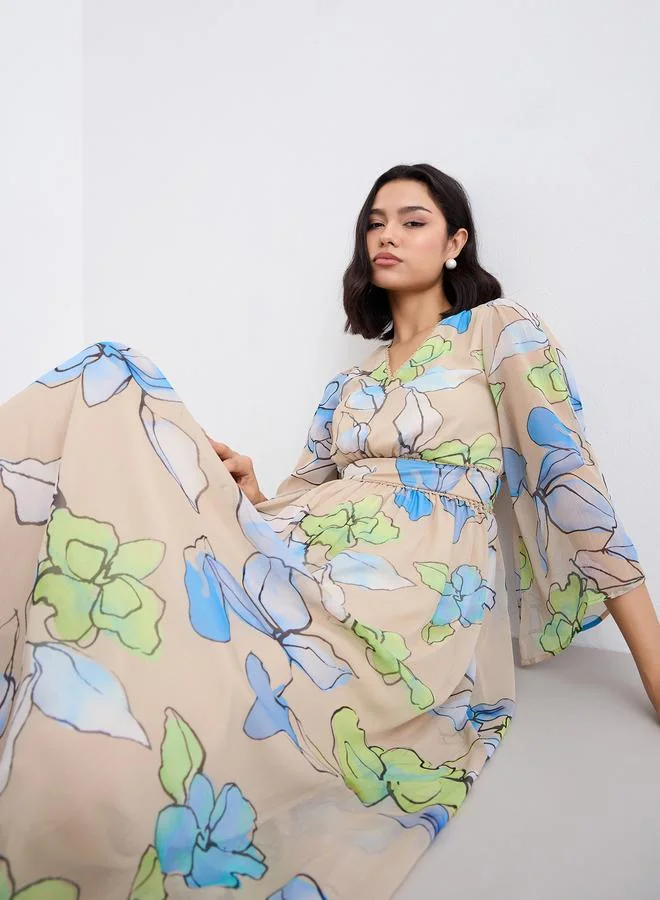 Styli Styli Multi Floral Maxi Dress with Volume Sleeves