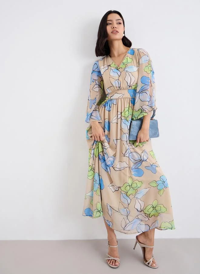 ستايلي Styli Multi Floral Maxi Dress with Volume Sleeves