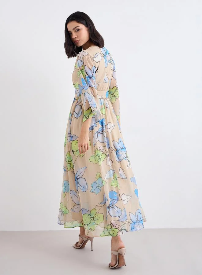 Styli Styli Multi Floral Maxi Dress with Volume Sleeves