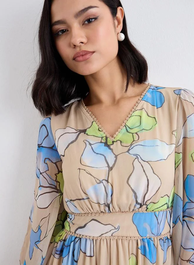 Styli Styli Multi Floral Maxi Dress with Volume Sleeves