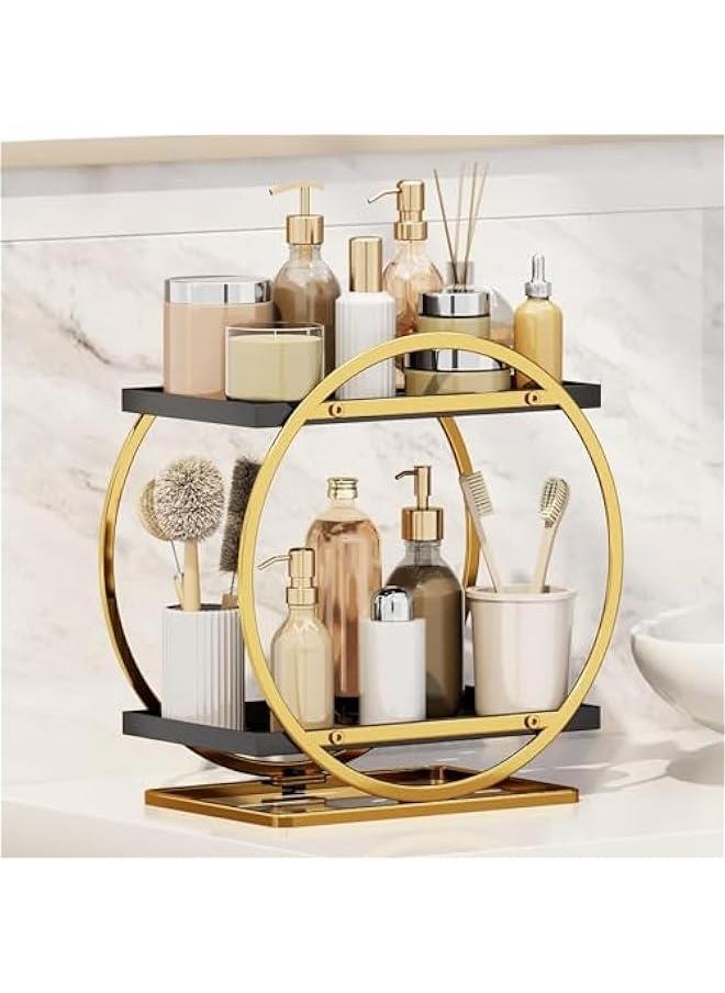 HOOKOR 2 Tier Perfume Organizer, Bathroom Organizer Countertop, Dresser Makeup Vanity Skincare Storage Tray Shelf Rack Senior Room Decor Aesthetic Display Accessories (Black Gold)  - Image 1