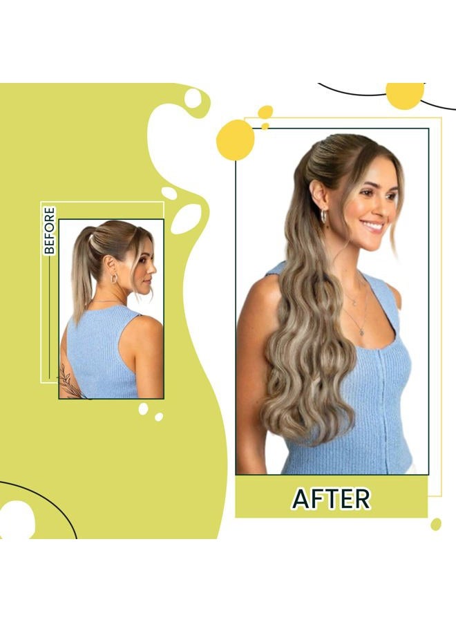 RUNATURE Ponytail Extension Human Hair Balayage Blonde Short Ponytail Human Hair Extensions Clips 12 Inch 70g Ombre Walunt Brown Fading to Ash Brown with Light Blonde Ponytail Hair Extension Short - Image 2