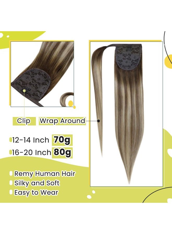 RUNATURE Ponytail Extension Human Hair Balayage Blonde Short Ponytail Human Hair Extensions Clips 12 Inch 70g Ombre Walunt Brown Fading to Ash Brown with Light Blonde Ponytail Hair Extension Short - Image 3