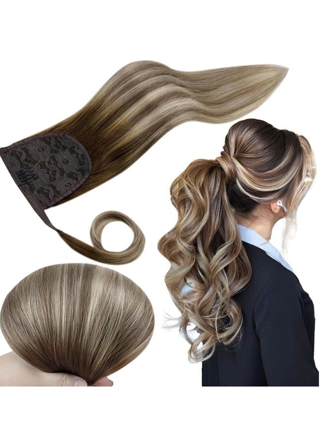 RUNATURE Ponytail Extension Human Hair Balayage Blonde Short Ponytail Human Hair Extensions Clips 12 Inch 70g Ombre Walunt Brown Fading to Ash Brown with Light Blonde Ponytail Hair Extension Short - Image 1
