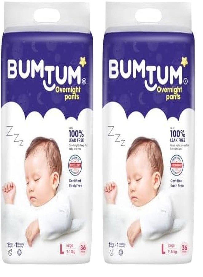 Bumtum Baby Overnight Diaper Pants - Size L (9-14 kg), 36 Count | All night Absorption with Pillow Soft Comfort | No Leak | 100% Rashfree | With soothing Chamomile Microbial Layer | Pack of 2