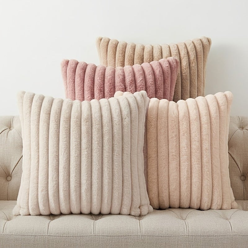 4pcs, Faux Fur Plush Decorative Throw Pillow Covers, 40.64cm*40.64cm/45.72cm*45.72cm/50.8cm*50.8cm, Square Morandi Color Cushion Covers, Spring Summer Modern Soft Fuzzy Striped Pillowcases, Suitable for Bedding Sofa Living Room Couch Car - Image 1