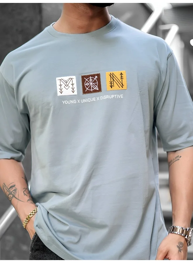 Maniac Mens Printed Round Neck 3/4th Sleeve Light Grey Cotton T-Shirt