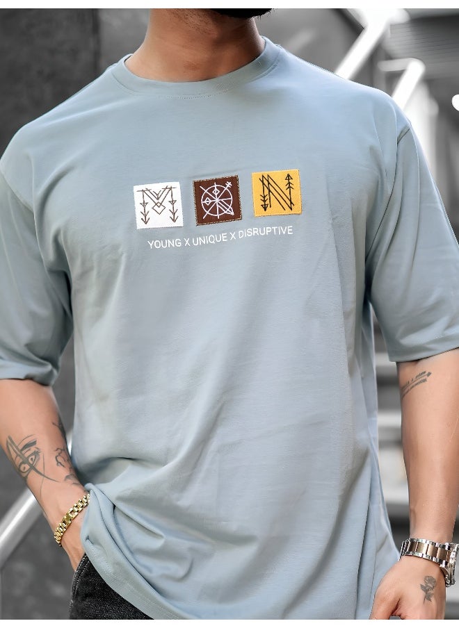 Maniac Mens Printed Round Neck 3/4th Sleeve Light Grey Cotton T-Shirt  - Image 5